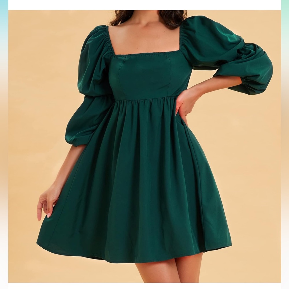 Women’s square neck dress long puff sleeve A-line